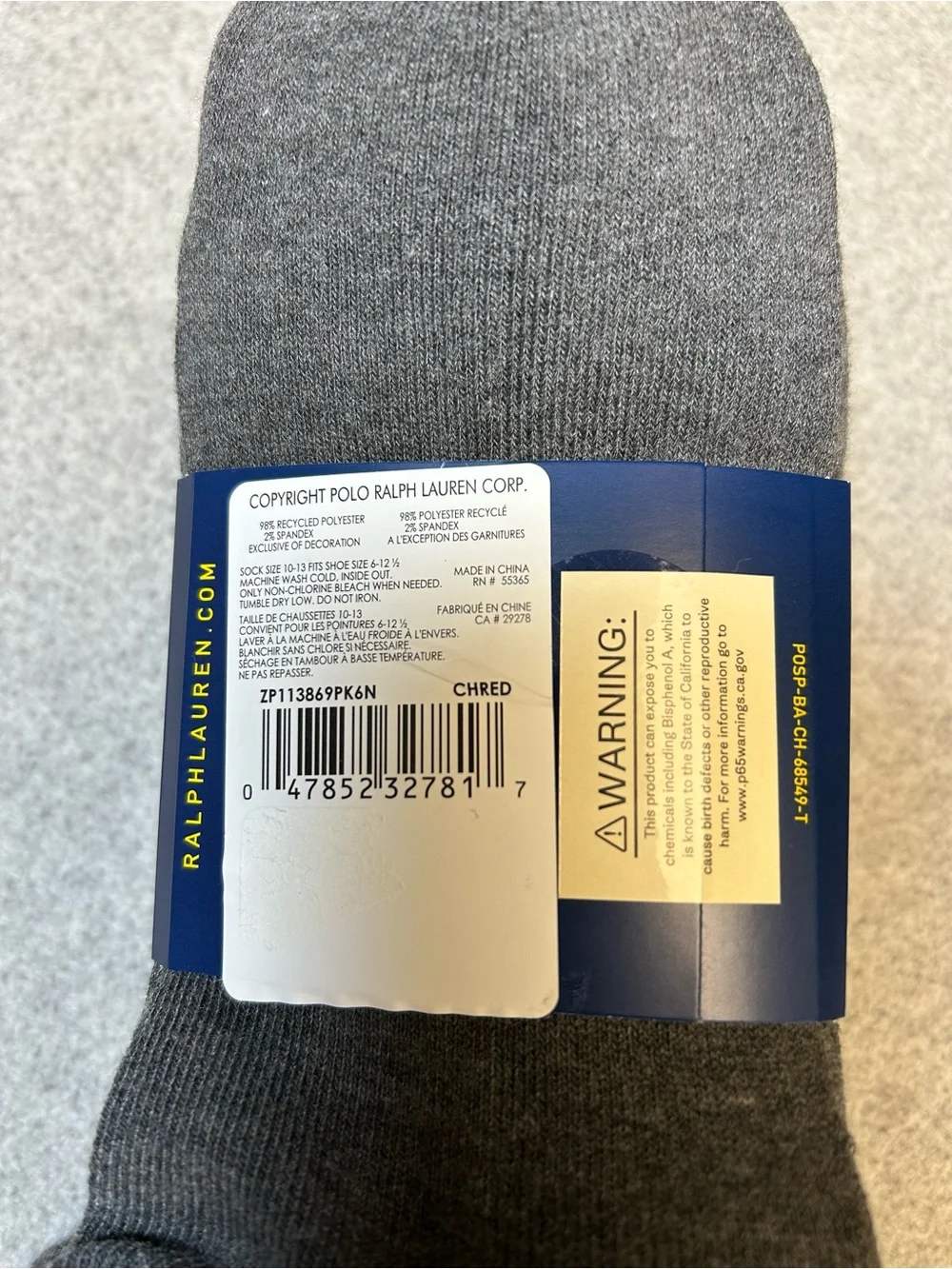 Polo Ralph Lauren Men's Socks Classic Ankle Cut Sport 6 Pairs NWT Gray with Red